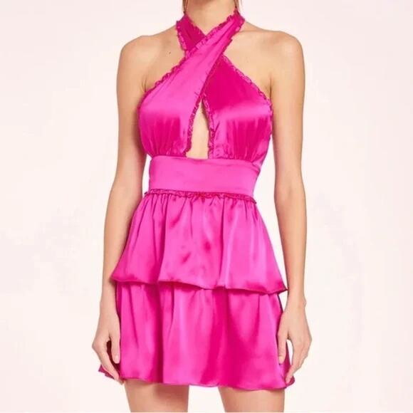 Amanda Uprichard Estella Mini Dress silk Fuschia Pink XS Barbie Cocktail Glam - Picture 1 of 8
